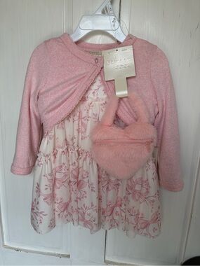 btween Cream and Pink Floral Tiered Dress for Girls with Cardigan and Purse